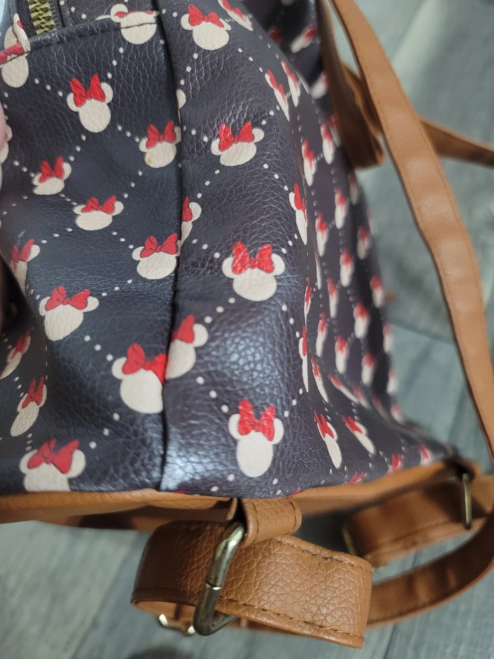 Disney Brand Minnie Mouse Backpack Purse And Wallet Zippered Brown Red Tan Color